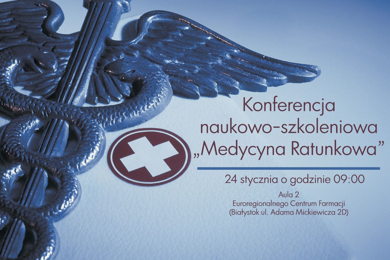Plakat zapowiadjacy konfernecj, przedstawiający węża Asklepiosa oraz biały krzyż na czerwonym tle - znak ratownika medycznego.