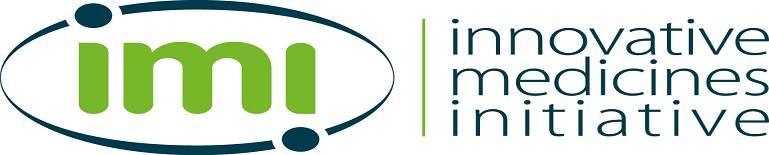 IMI 2 (Innovative Medicines Initiative). Logo IMI - Zielony napis imi (innovative medicines initiative) w granatowej obręczy