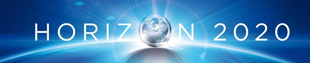 Projekty UMB. Logo Horyzont 2020 - Napis Horyzont 2020 na niebieskim tle kuli ziemskiej