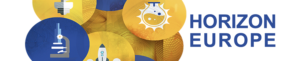 Słownik Horyzontu. Logo Horyzont Europa - Napis Horizon Europe na niebieskim tle oraz symbole dziedzin nauki w niebieskich i żółtych kołach