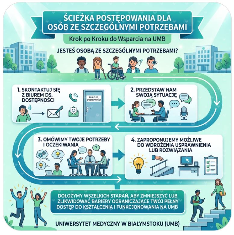 Ścieżka postępowania dla osób ze szczególnymi potrzebami. Krok po kroku do wsparcia na UMB. Jesteś osobą ze szczególnymi potrzebami? 1. skontaktuj się z Biurem ds. dostępności. 2. przedstaw nam swoją sytuację. 3. omówimy Twoje potrzeby i oczekiwania. 4. zaproponujemy możliwe do wdrożenia usprawnienia lub rozwiązania. dołożymy wszelkich starań, aby zmniejszyć lub zlikwidować bariery ograniczające Twój pełny dostęp do kształcenia i funkcjonowania na UMB