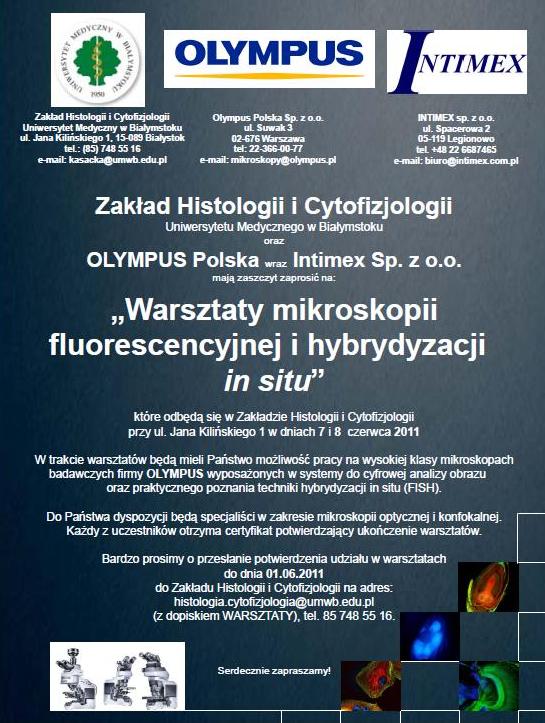 Zaproszenie na Warsztaty Mikroskopii Fluorescencyjnej i Hybrydyzacji in Situ w Zakładzie Histologii i Cytofizjologii UMB