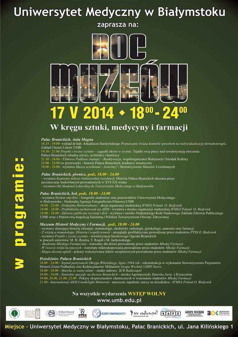 Plakat promujący Europejską Noc Muzeów na Uniwersytecie Medycznym w Białymstoku i w Pałacu Branickich