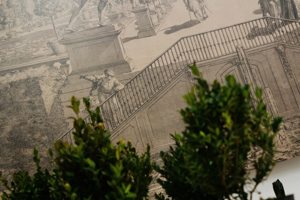 Fragment wystawy w Muzeum o ogrodach pałacowych. Drzewka bukszpanowe na tle reprodukcji ryciny przedstawiającej ogród z połowy XVIII wieku