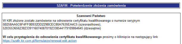 Szafir - Potwierdzenie złożenia zamówienia