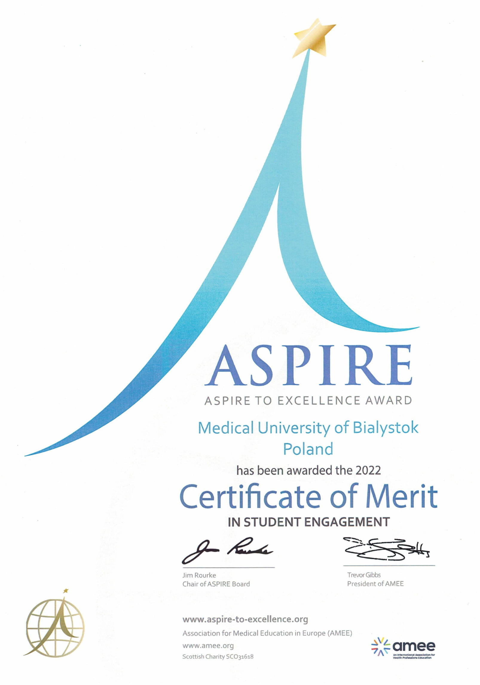ASPIRE to Excellence Award Medical University of Bialystok has been awarded the 2022 Certificate of Merit in Student Engagement