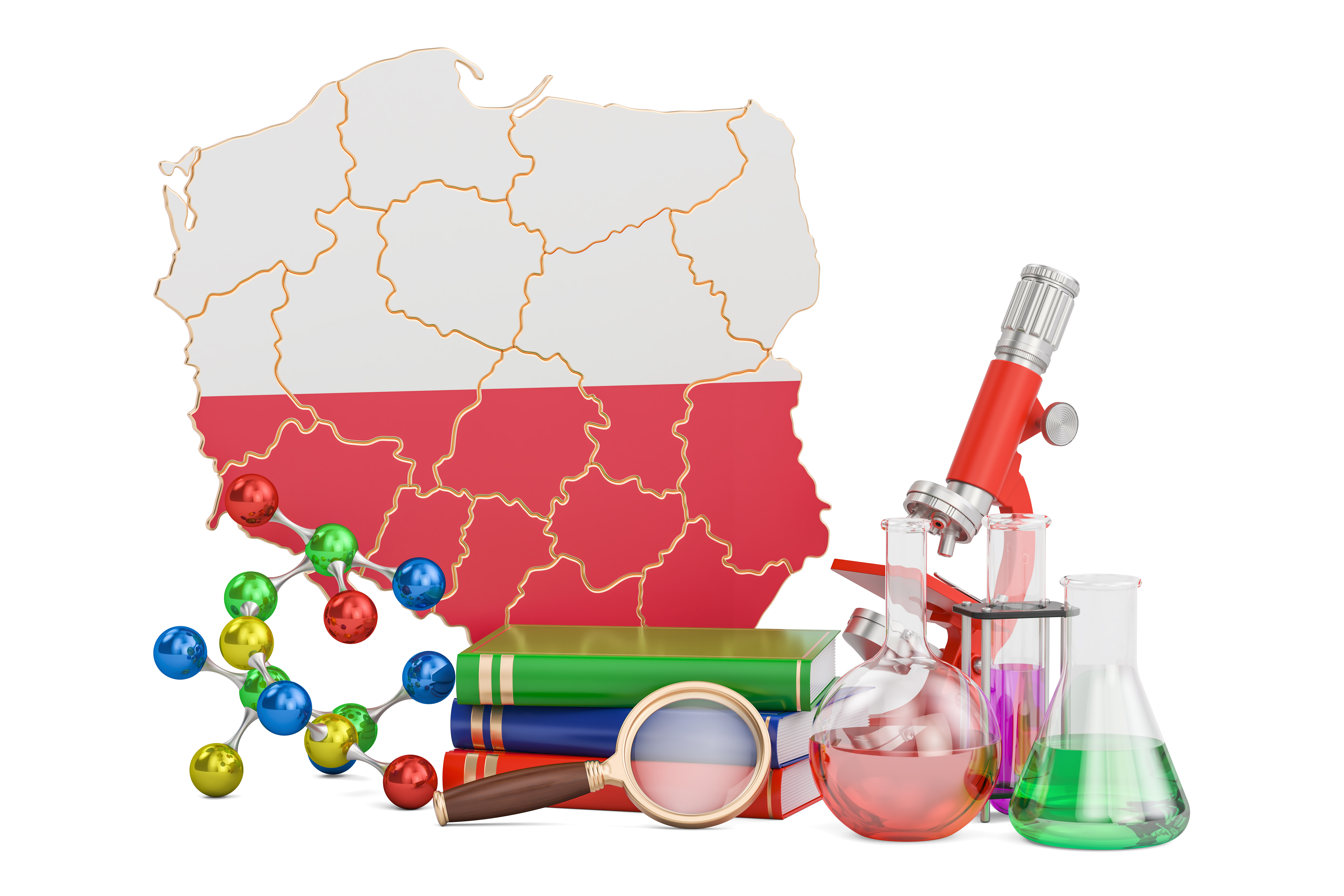 Mapa polski, lupa, książki, przyrządy chemiczne