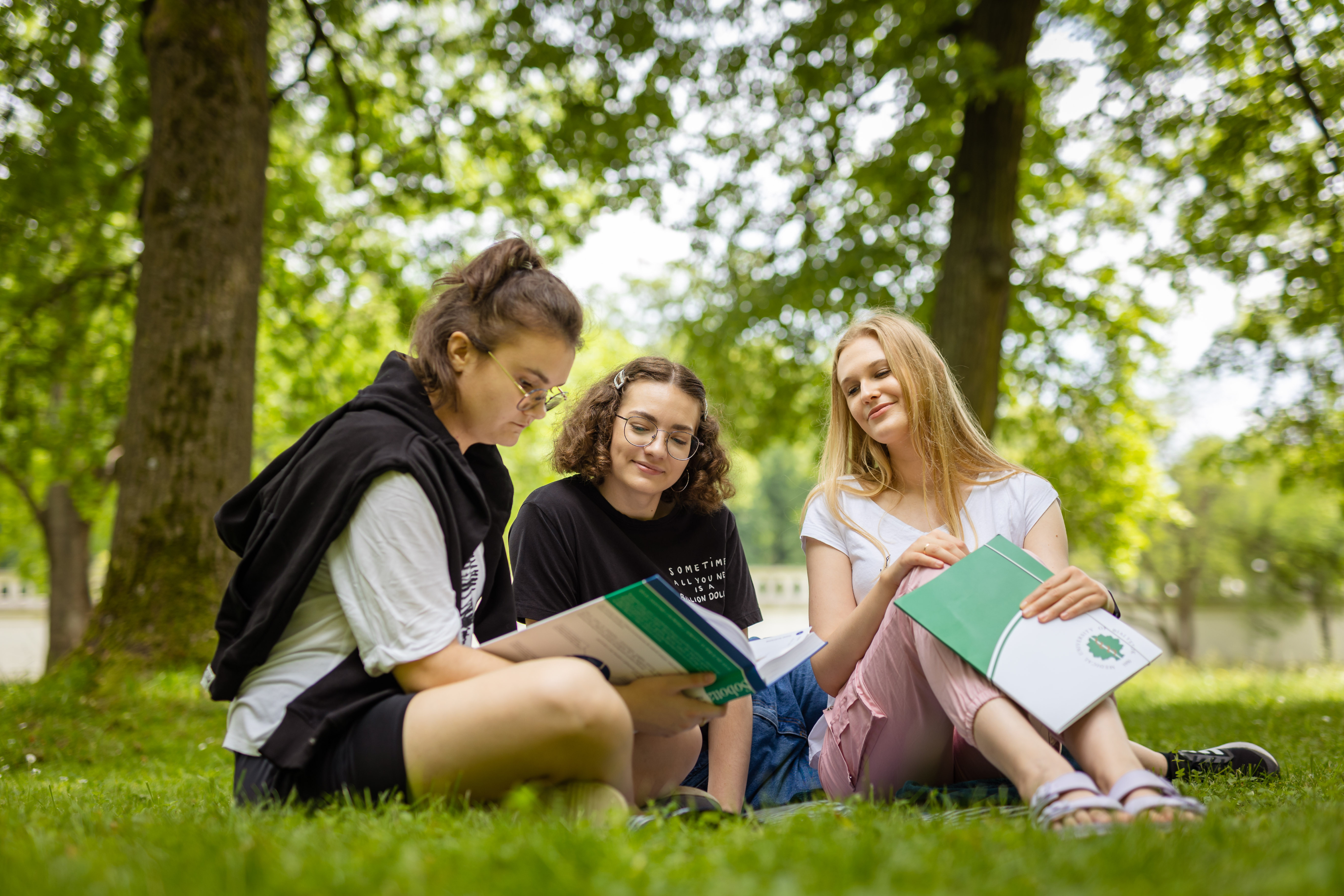 Photography, three students studying in the park