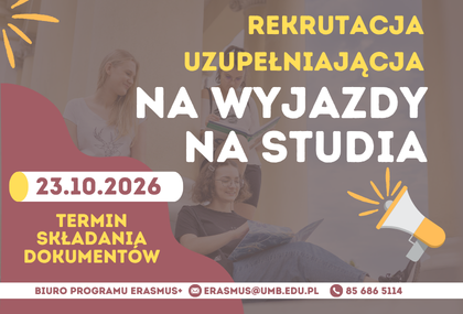 Link: Rekrutacja uzupełniająca na wyjazdy na studia w ramach programu Erasmus+