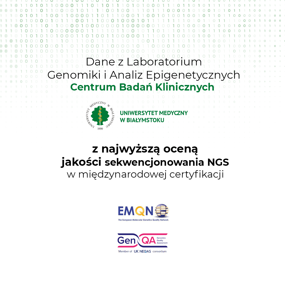 Dane Laboratorium Genomiki i Analiz Epigenetycznych Uniwersytetu Medycznego w Białymstoku zostały poddane certyfikacji jakości sekwencjonowania metodą NGS (Next-Generation-Sequencing). 