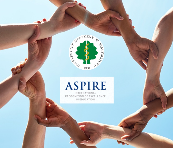 logotyp UMB. logotyp ASPIRE i połączone młode ręce