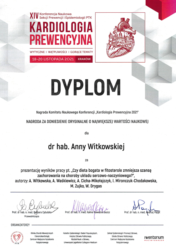 Dyplom dla dr hab. Anny Witkowskiej od XIV Konferencji Naukowej Kardiologii Prewencyjnej