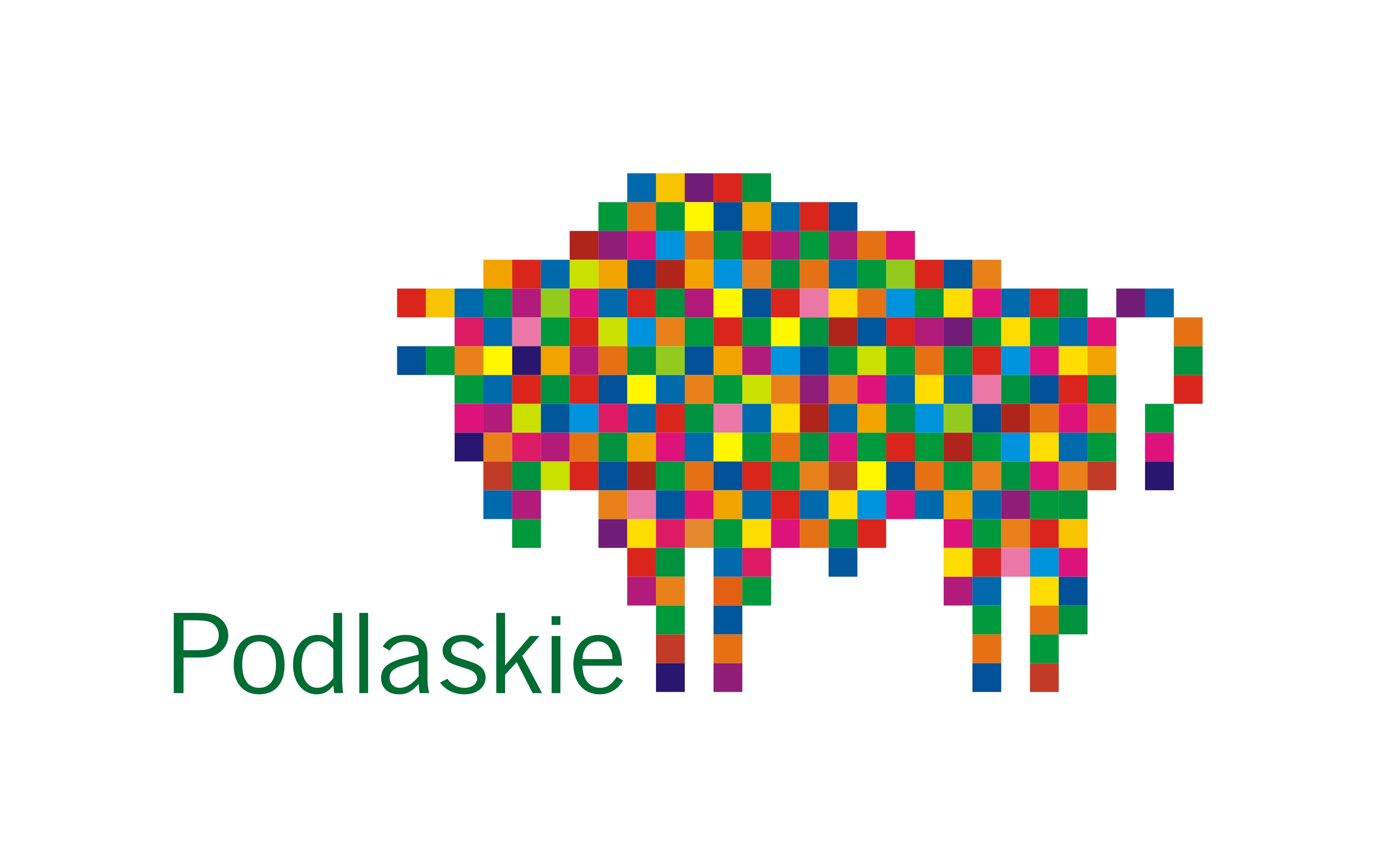 Logotyp województwa podlaskiego. Napis podlaskie i obrazek żubra z kolorowych kwadracików.