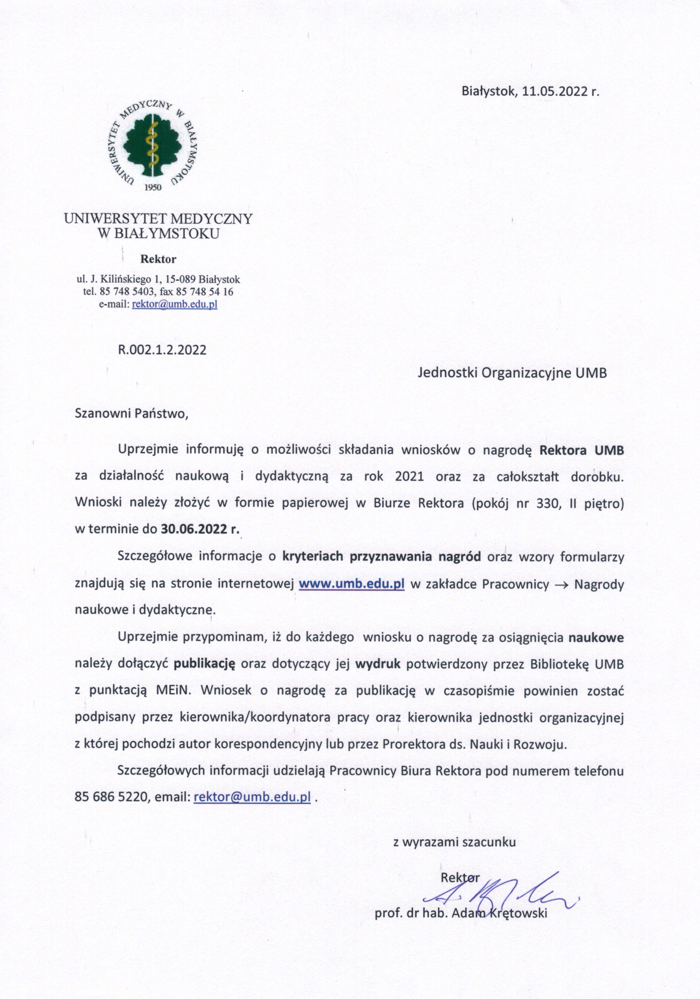 Pismo informacyjne Rektora UMB w sprawie składania wniosków na nagrodę rektora