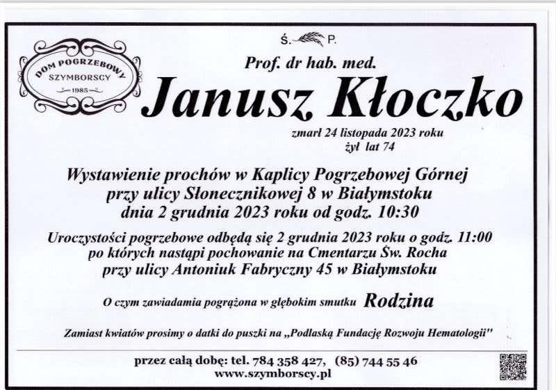 Informacja o uroczystościach pogrzebowych Profesora Janusza Kłoczko