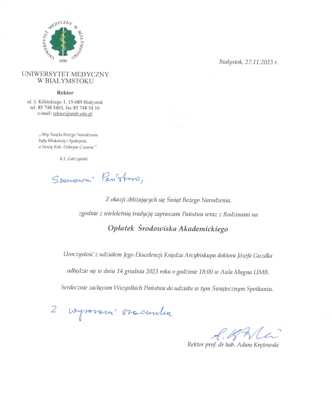 Zaproszenie rektora UMB na spotkanie opłatkowe 14.12.2023