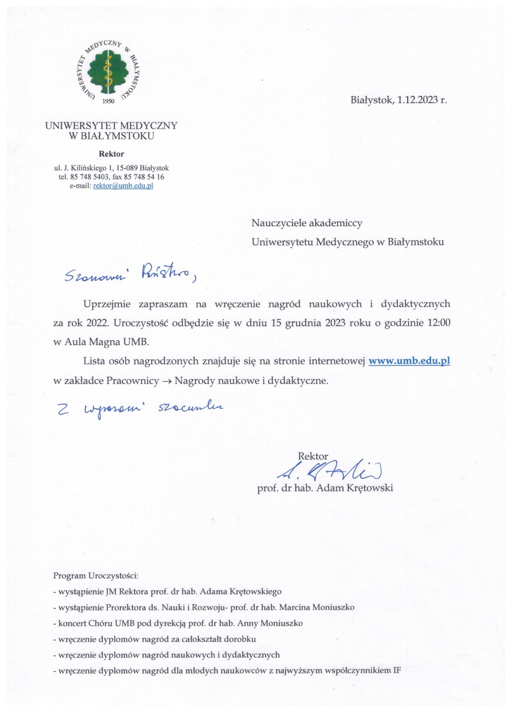 Zaproszenie Rektora UMB na Uroczyste wręczenie nagród naukowych i dydaktycznych za 2022 rok w dniu 15 grudnia 2023