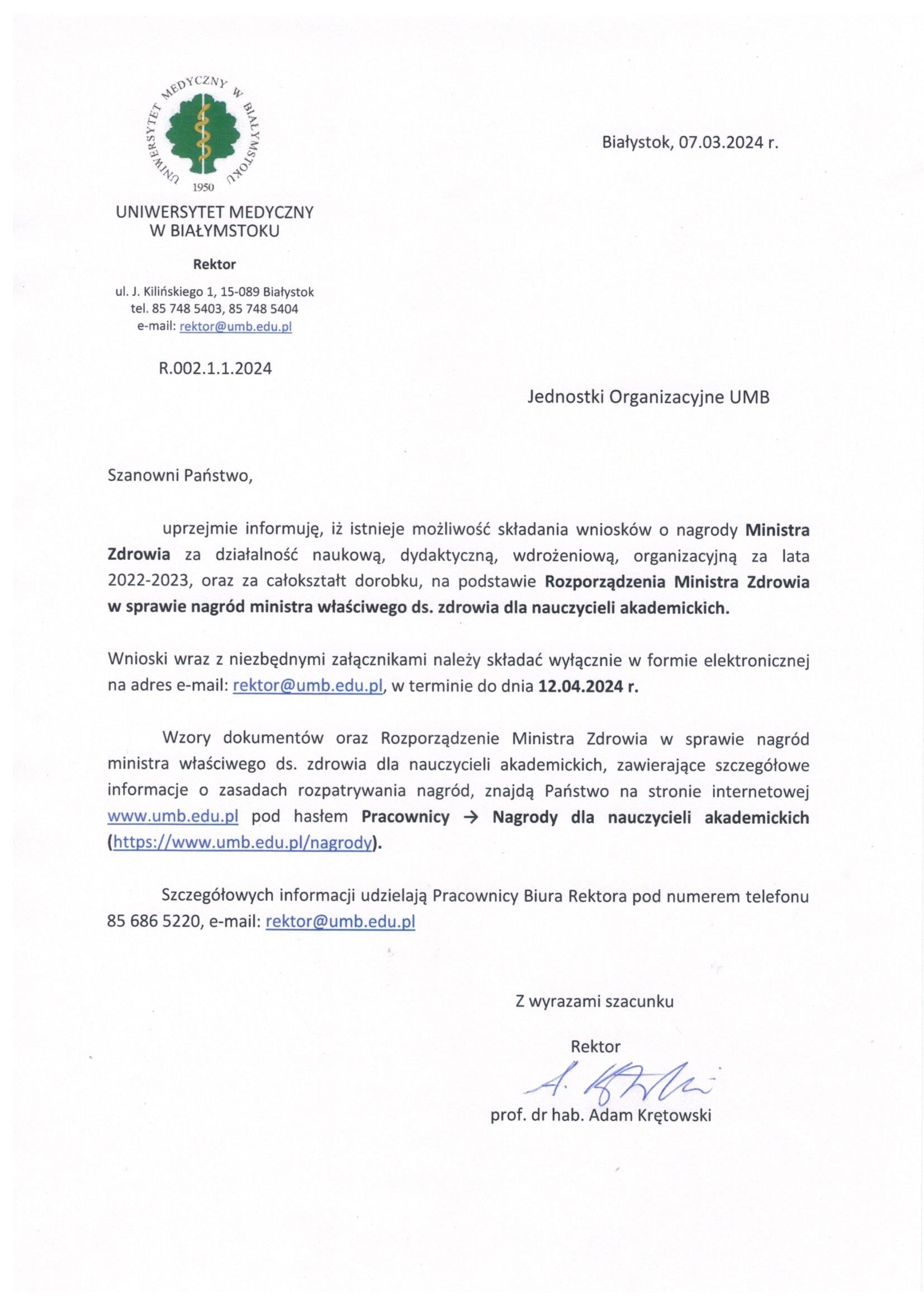 Ogłoszenie Rektora UMB- Nagrody Ministra Zdrowia dla nauczycieli akademickich za lata 2022-23
