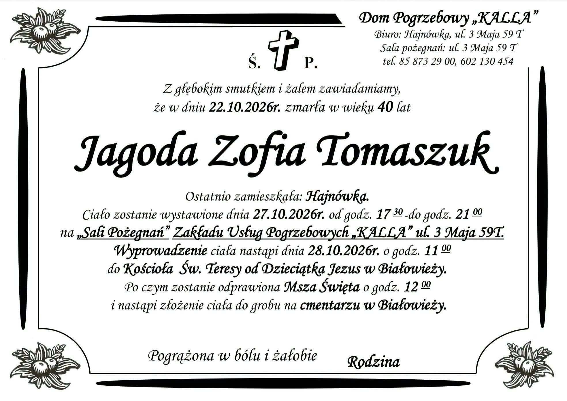 Nekrolog Jagoda Zofia Tomaszuk