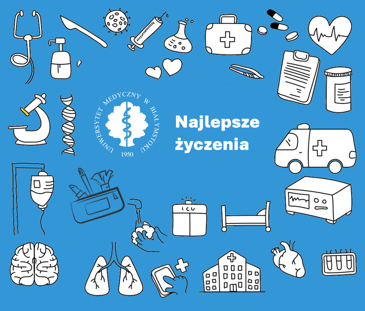 Napis najlepsze życzenia, logo UMB na tle ikonek zdrowotnych