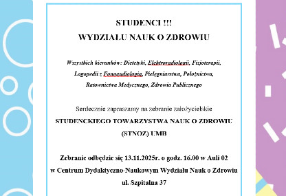 Link: Zapraszamy na zebranie założycielskie Studenckiego Towarzystwa Nauk o Zdrowiu