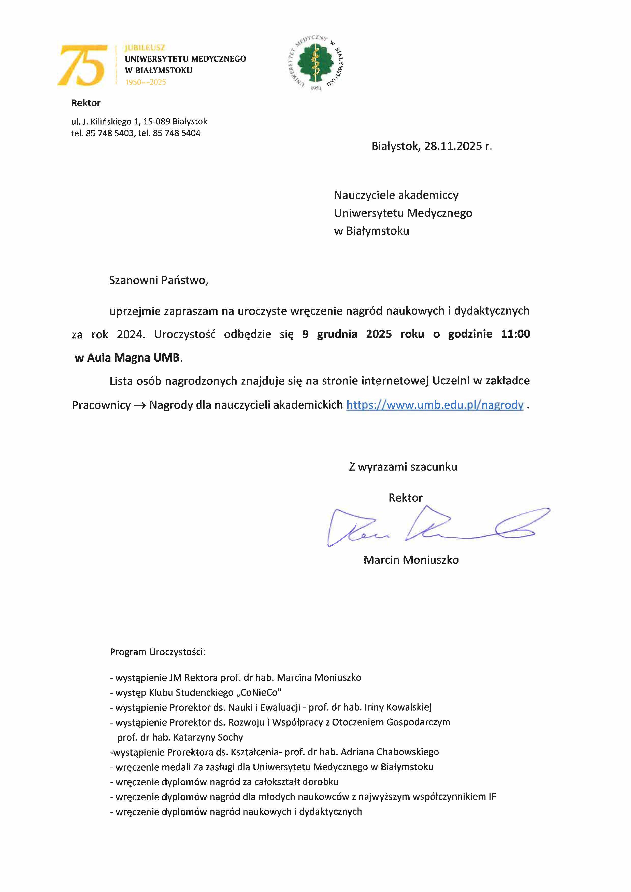 Zaproszenie na 9 grudnia na uroczystość wręczenia nagród rektora UMB za 2024