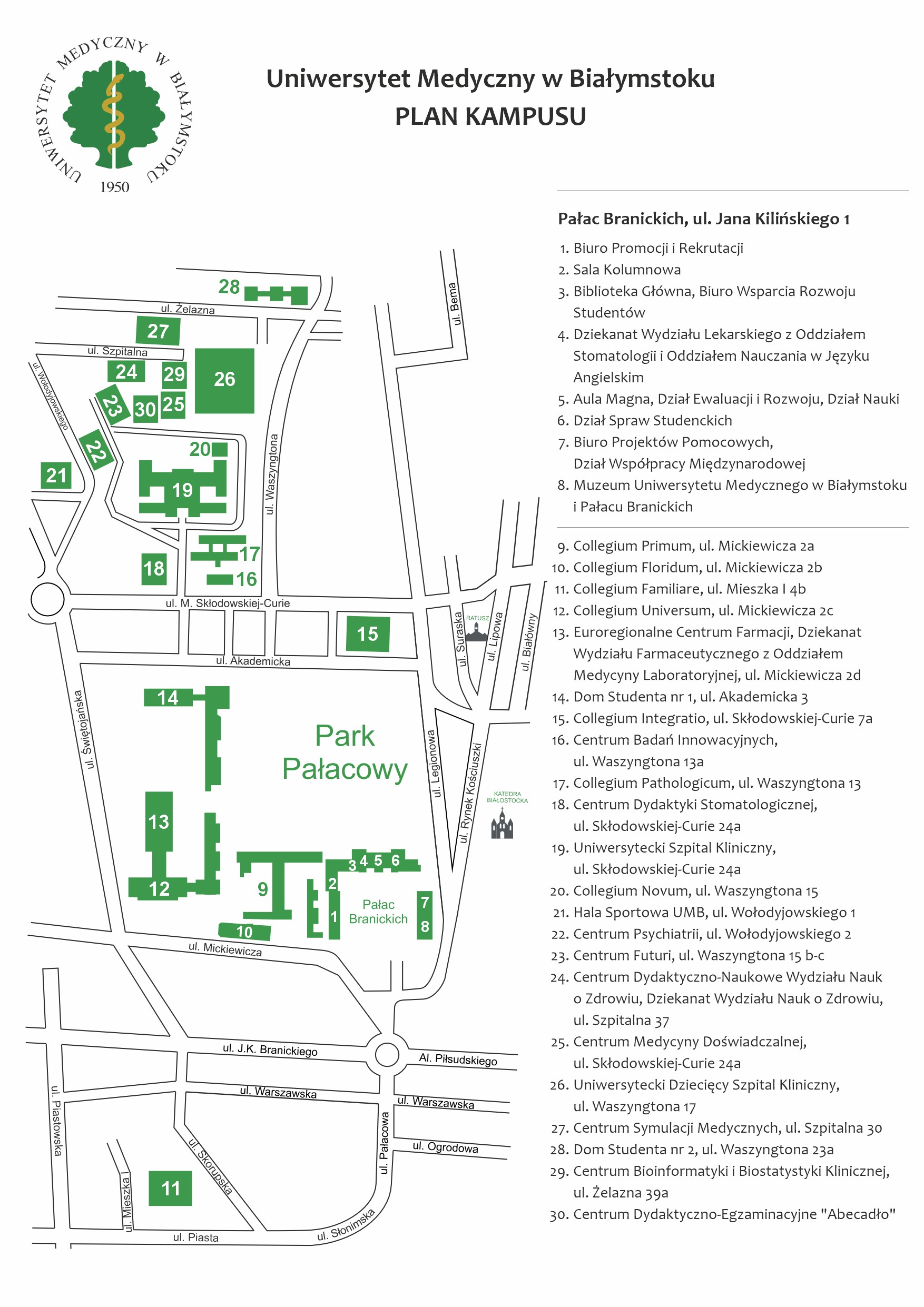 Plan kampusu Uniwersytetu Medycznego w Białymstoku.