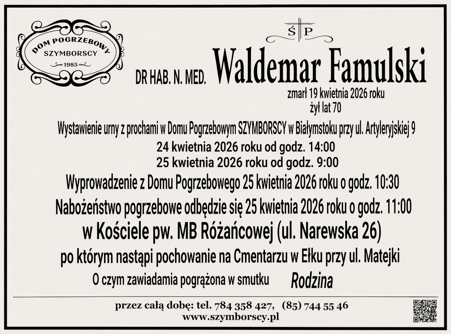 Zawiadomienie o pogrzebie docenta Waldemara Famulskiego