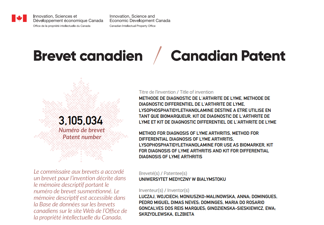 Link: Nowy patent udzielony przez Kanadyjski Urząd Patentowy na rzecz UMB