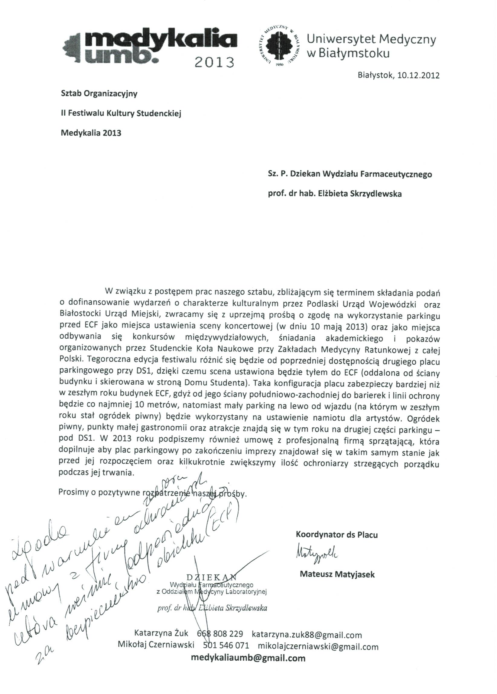 kan pisma ws. zgody na wykorzystanie parkingu ECF podczas "Medykaliów"