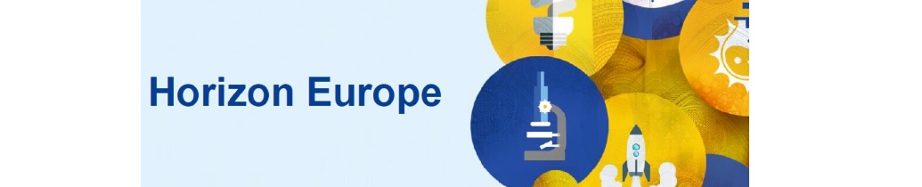 Horyzont. Logo Horyzont EUROPA - napis Horizon Europe na niebieskim tle oraz symbole dziedzin nuki w niebieskich i żółtych kołach